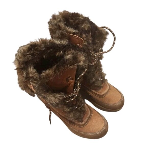 Report Vintage Snow Boots 7.5 Brown Y2K Faux Fur Leather Lace Up Chunky Wedge - Picture 1 of 8